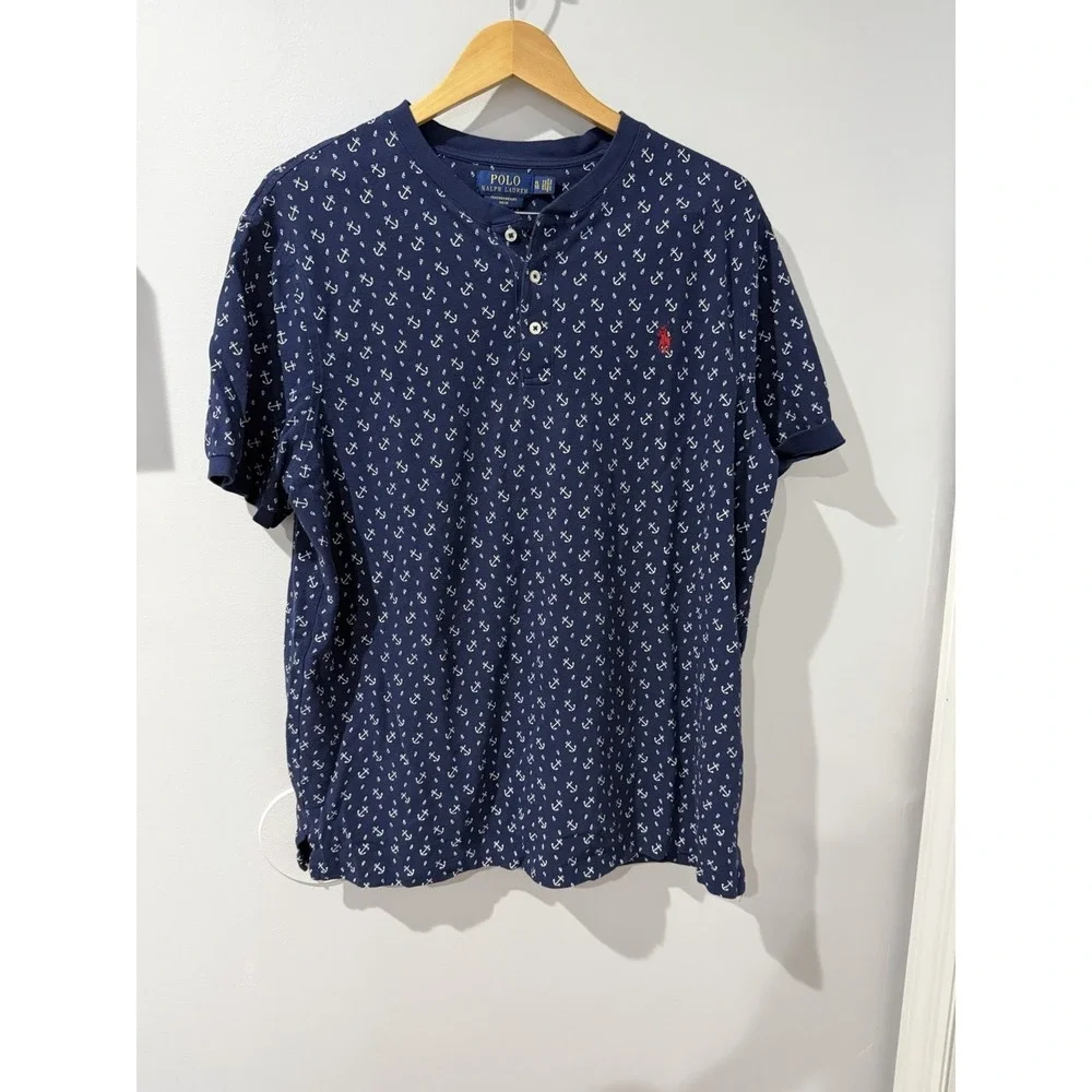 Polo Ralph Lauren Featherweight Mesh Henley Shirt Blue Anchor Print Men's XL L